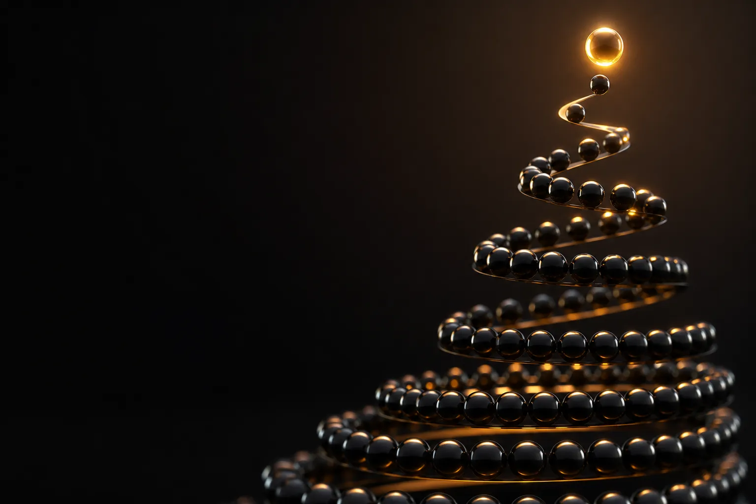 Ascending spiral of dark orbs with one gold-lit orb