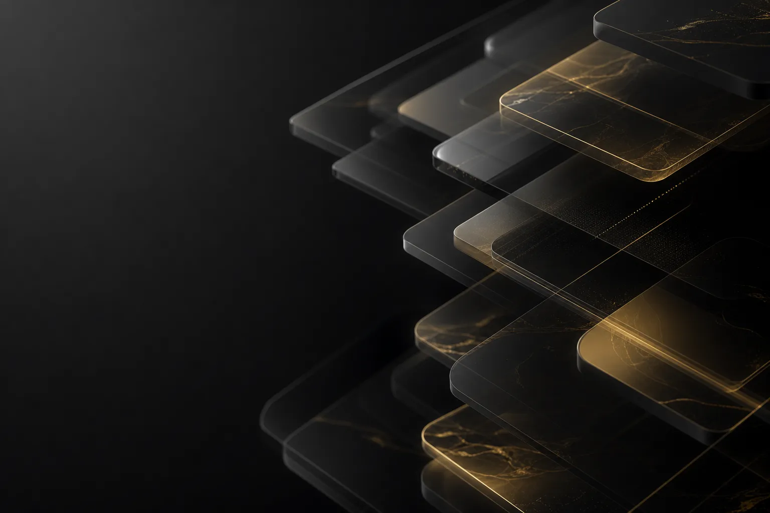 Layered dark glass panels with gold light between them