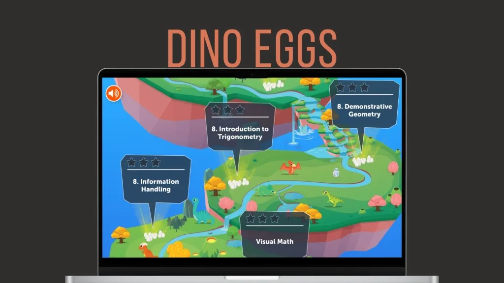 Dino Eggs game world map with math topics and star ratings