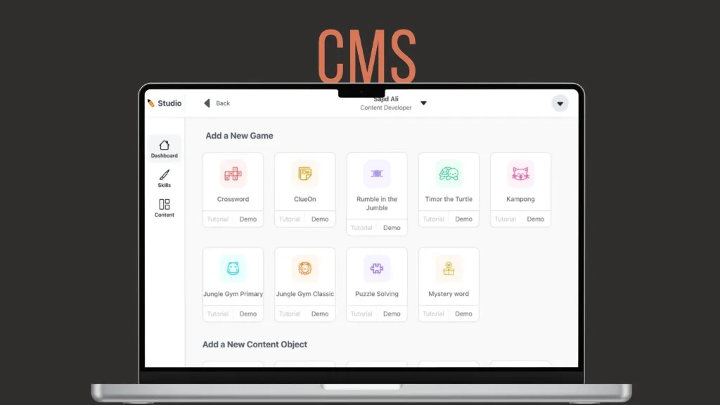 Games CMS studio dashboard listing learning games