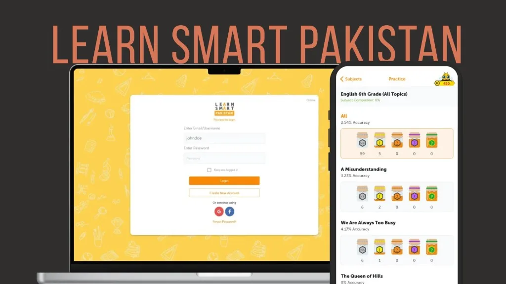 Learn Smart Pakistan login screen and subject practice tracker