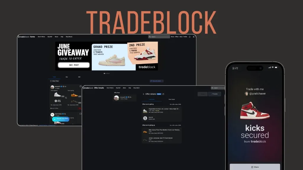 Tradeblock web and mobile screens showing offers and trade confirmations